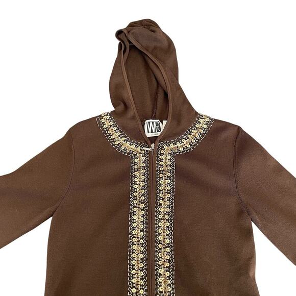 VTG WR Brown Sequence Hooded Zip Sweater Woman Sz M Y2K Preppy Boho Old Money - Picture 8 of 13